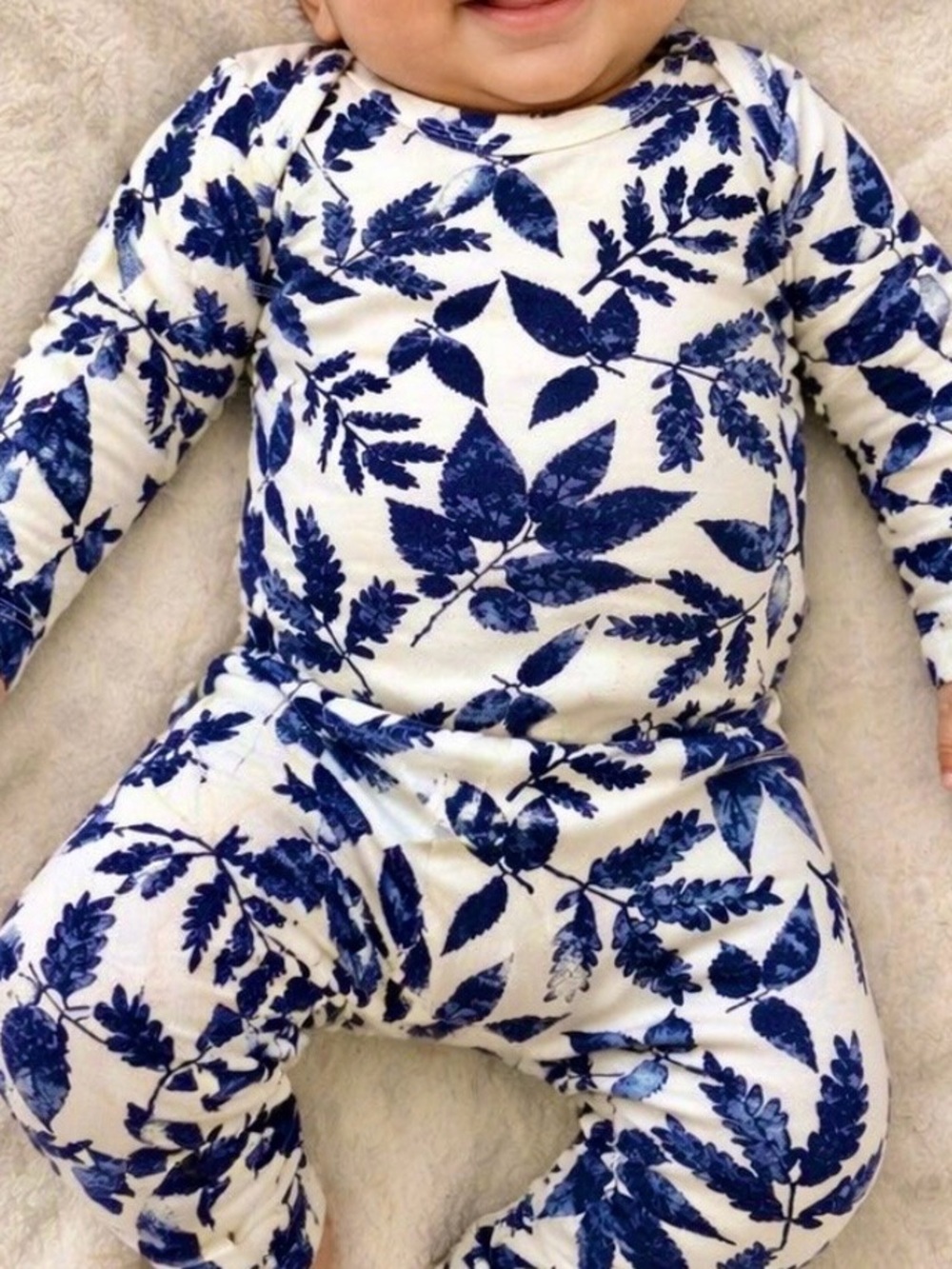 Baby girls cobalt Blue Leaf Print Two-Piece footed Set